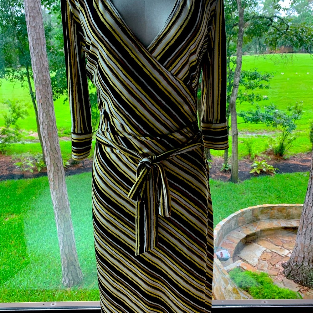 Laundry Wrap Dress (yellow, tan, black, stripe)